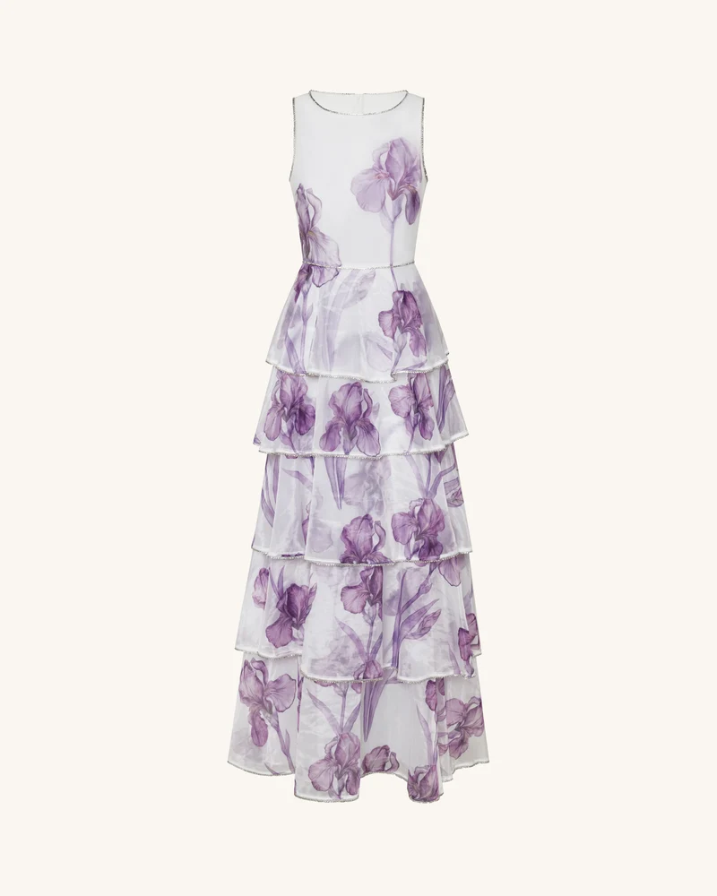 Gestuftes Organza-Maxikleid mit Iris-Print und Schmucksteinbesatz - Weiß/Lila
