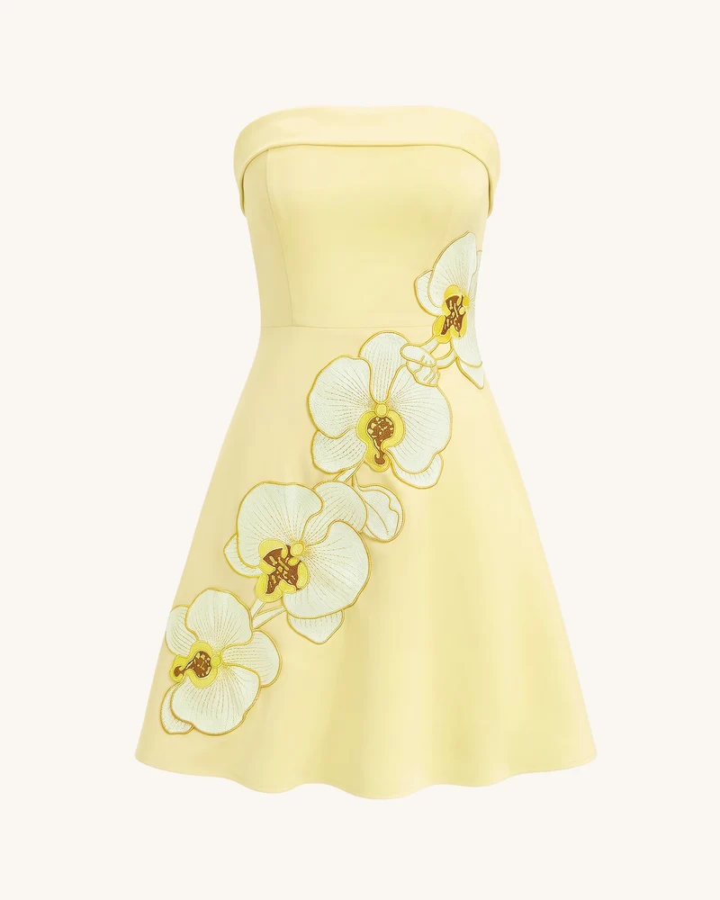 Trägerloses A-Linien-Midikleid mit Orchideen-Stickerei – Hellgelb