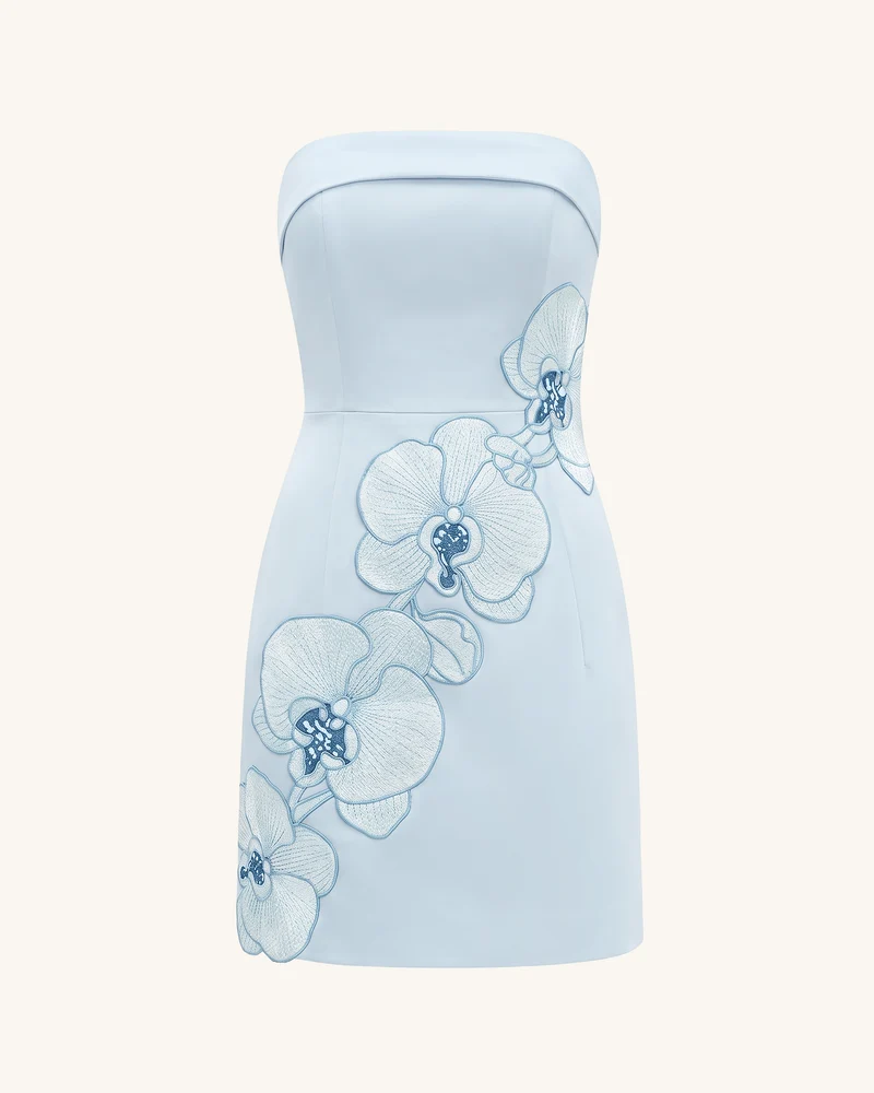 Trägerloses Etui-Midikleid mit Orchideen-Stickerei – Hellblau