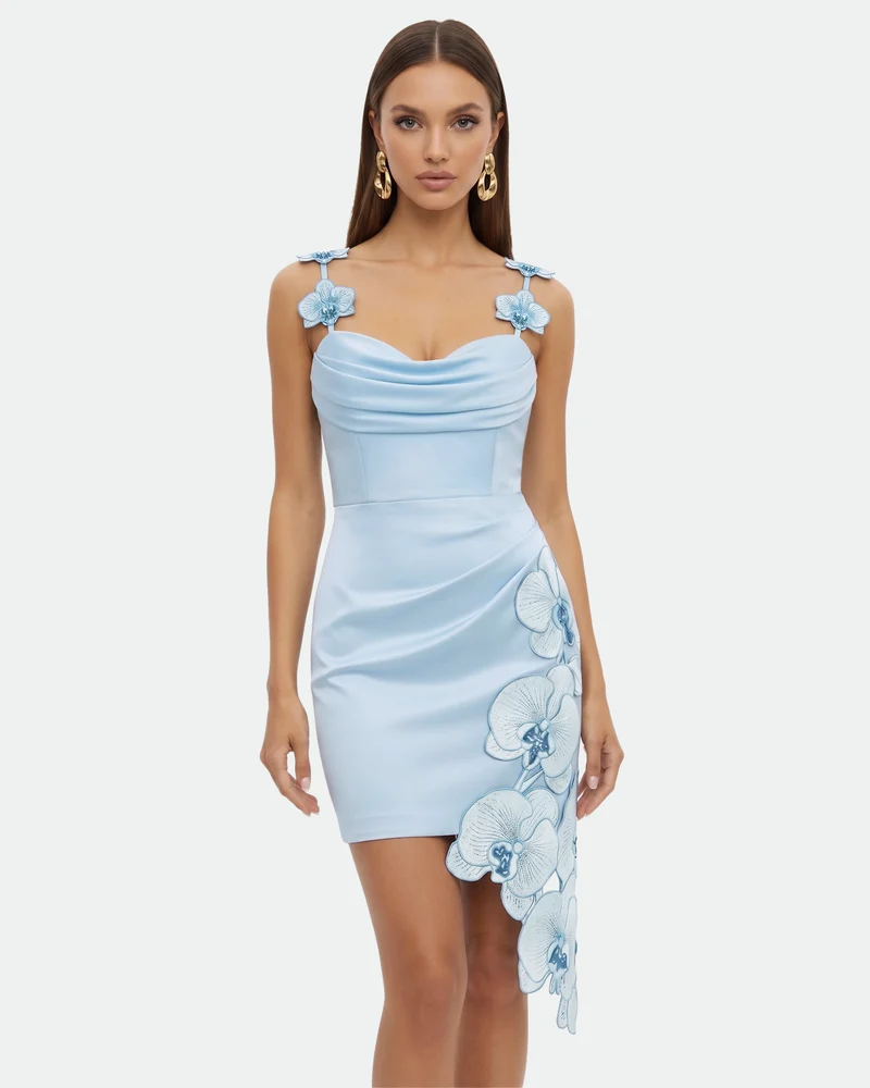 Drapiertes Minikleid mit Orchideen-Stickerei – Hellblau