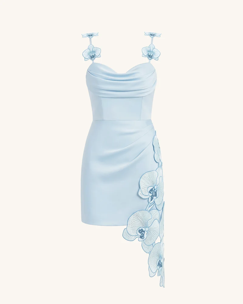 Drapiertes Minikleid mit Orchideen-Stickerei – Hellblau