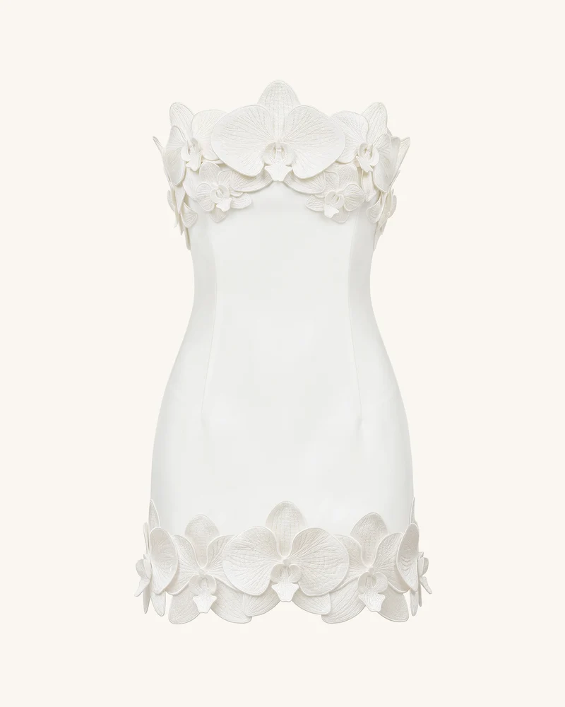 Trägerloses Minikleid mit Orchideen-Besatz – Weiß