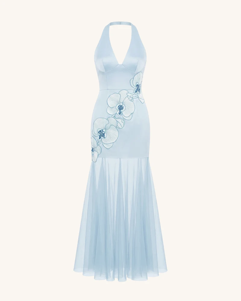 Neckholder-Maxikleid mit Orchideen-Stickerei und transparentem Saum – Hellblau