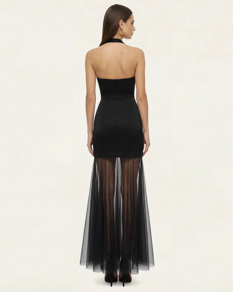 Neckholder-Maxikleid mit Orchideen-Stickerei und transparentem Saum – Schwarz-Lila