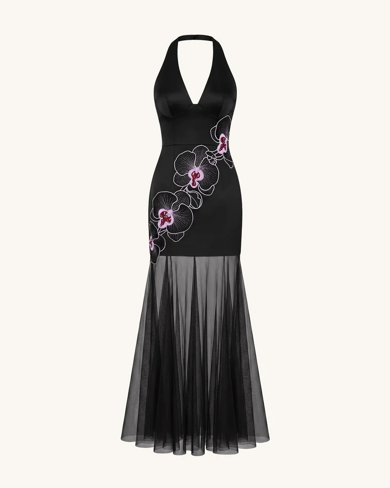 Neckholder-Maxikleid mit Orchideen-Stickerei und transparentem Saum – Schwarz-Lila