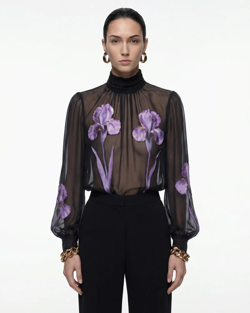 Transparente Stehkragenbluse mit Iris-Print - Schwarz/Lila