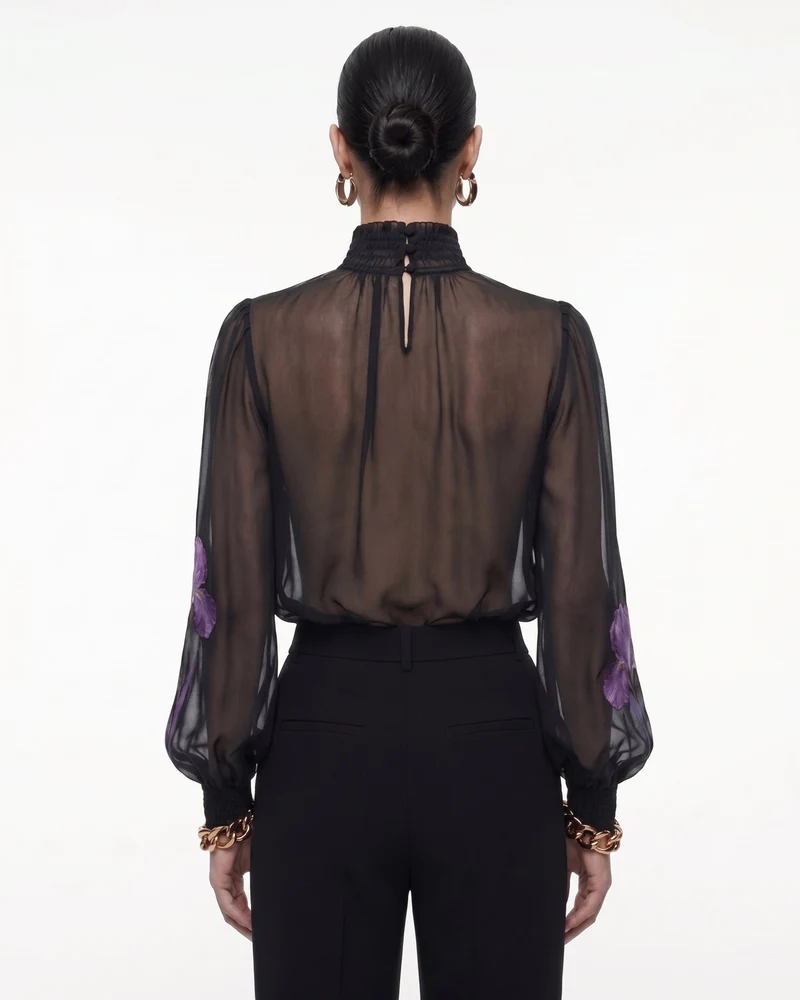 Transparente Stehkragenbluse mit Iris-Print - Schwarz/Lila