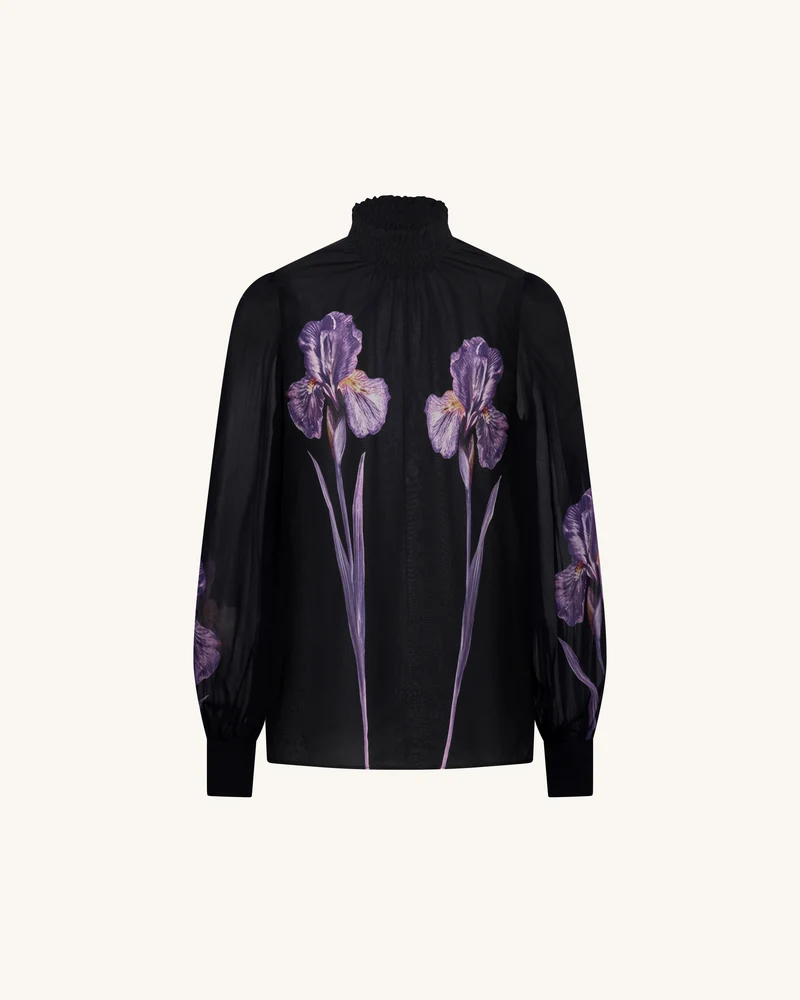 Transparente Stehkragenbluse mit Iris-Print - Schwarz/Lila