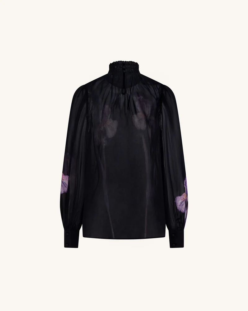 Transparente Stehkragenbluse mit Iris-Print - Schwarz/Lila