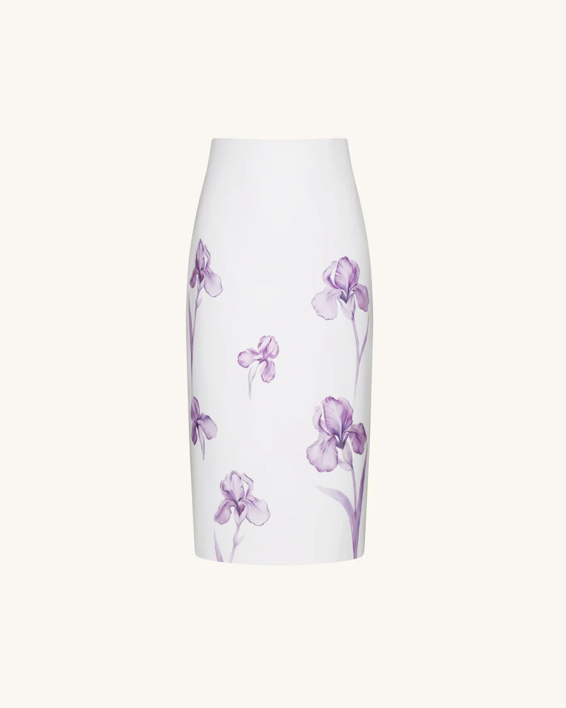 Bleistiftrock in Midilänge mit Iris-Print und hoher Taille - Weiß/Lila