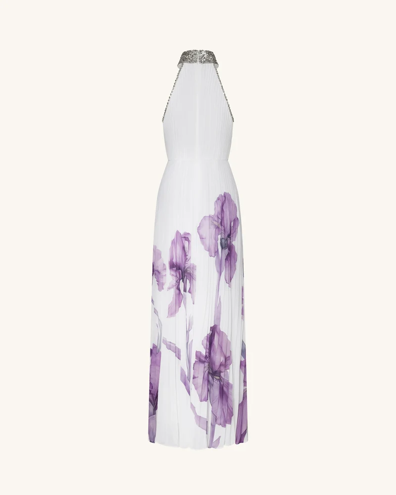 Plissiertes Maxikleid mit Neckholder, Schmucksteinkragen und Iris-Print - Weiß/Lila