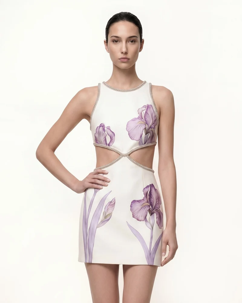 Floral Minikleid mit Perlenbesatz - Weiß