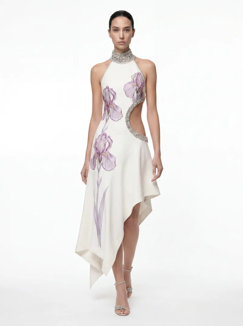 Hochgeschlossenes Kleid mit Schmucksteinen, Blumenmuster und Cut-outs - Weiß