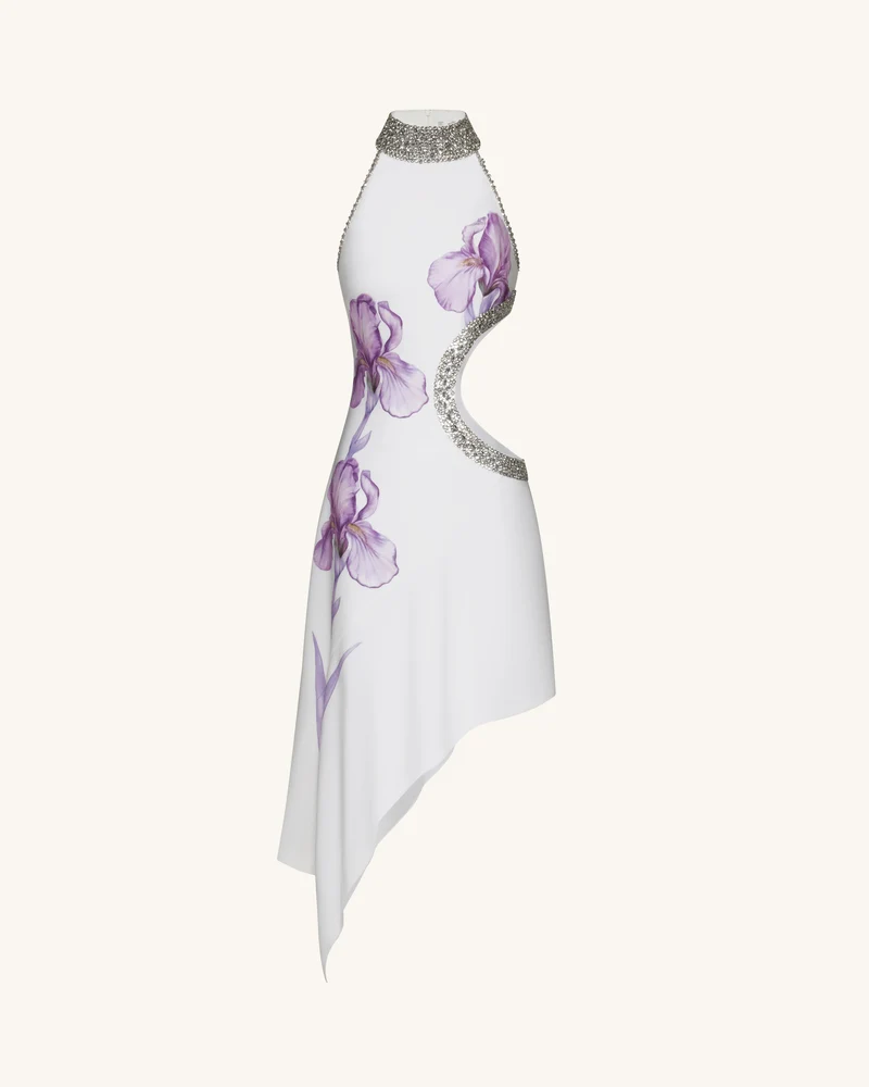 Hochgeschlossenes Kleid mit Schmucksteinen, Blumenmuster und Cut-outs - Weiß