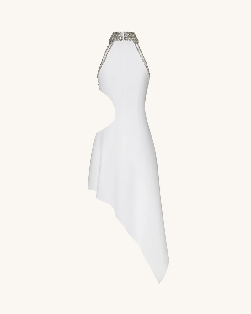 Hochgeschlossenes Kleid mit Schmucksteinen, Blumenmuster und Cut-outs - Weiß