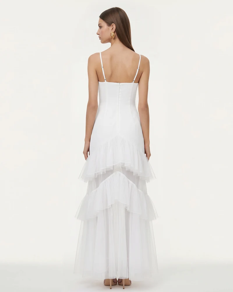Trägerloses Tüll-Maxikleid mit Orchideenstickerei und Rüschen - Weiß