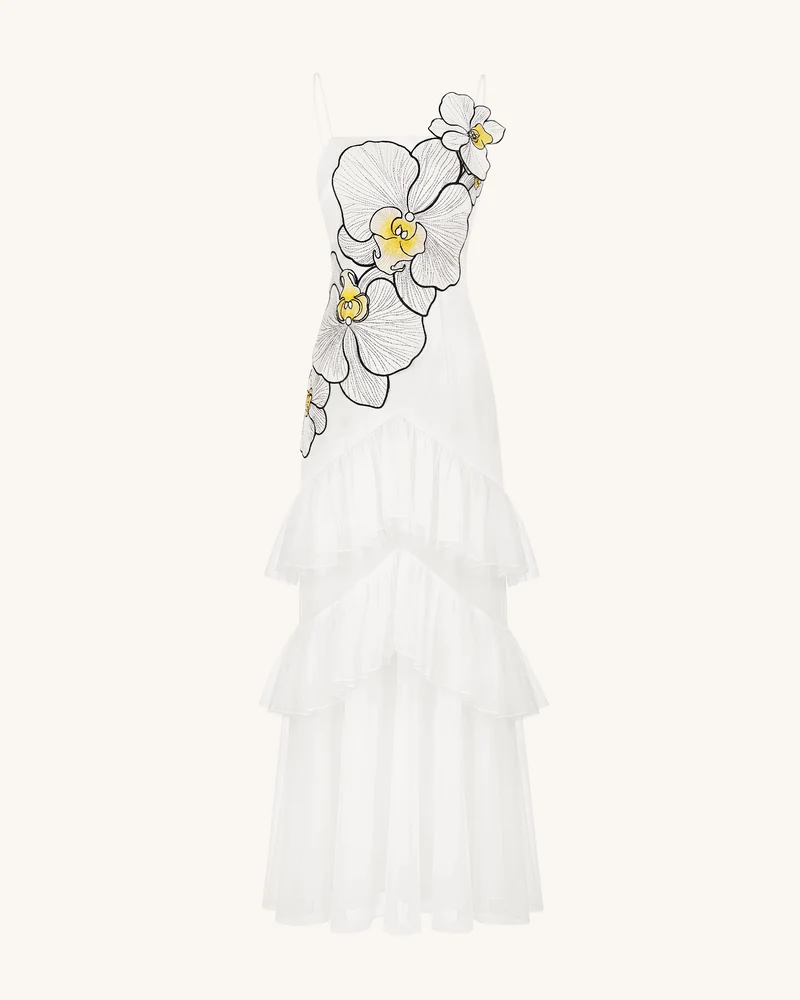 Trägerloses Tüll-Maxikleid mit Orchideenstickerei und Rüschen - Weiß