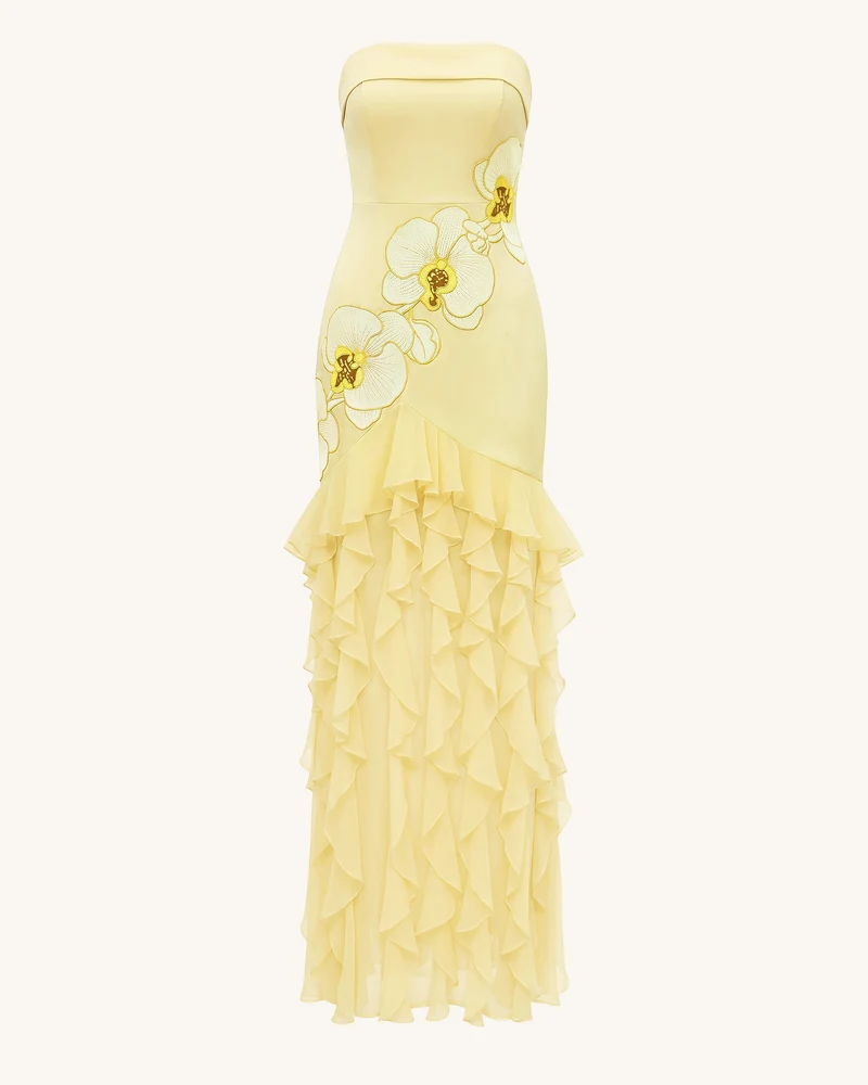 Trägerloses Maxikleid mit Orchideenstickerei und Rüschen - Blassgelb