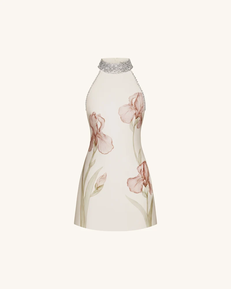 Halterkleid mit Juwelenbesatz und Iris-Motiv - Elfenbein/Rosa