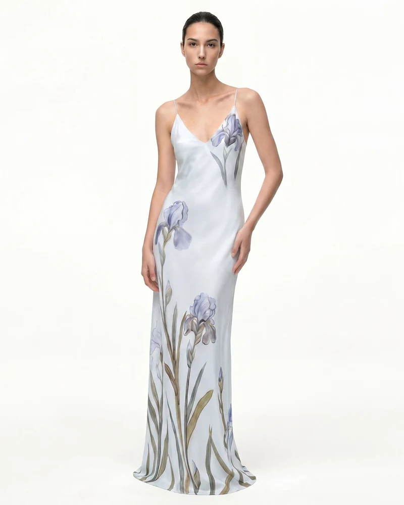 Satin-Slip-Kleid mit Iris-Motiv - Hellblau