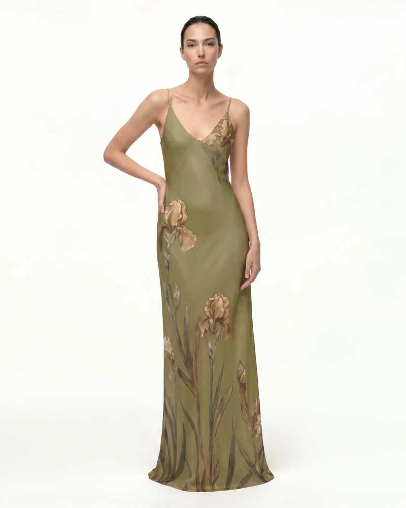 Satin-Slip-Kleid mit Iris-Motiv - Olivgrün