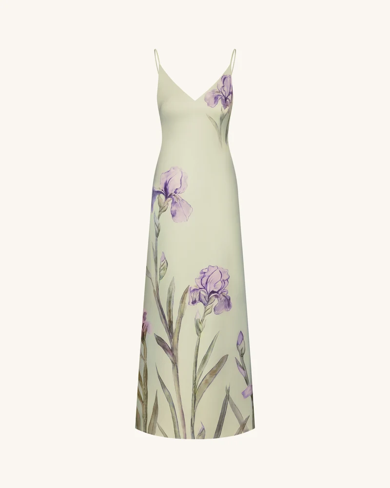 Satin-Slip-Kleid mit Iris-Motiv - Hellgrün/Lila