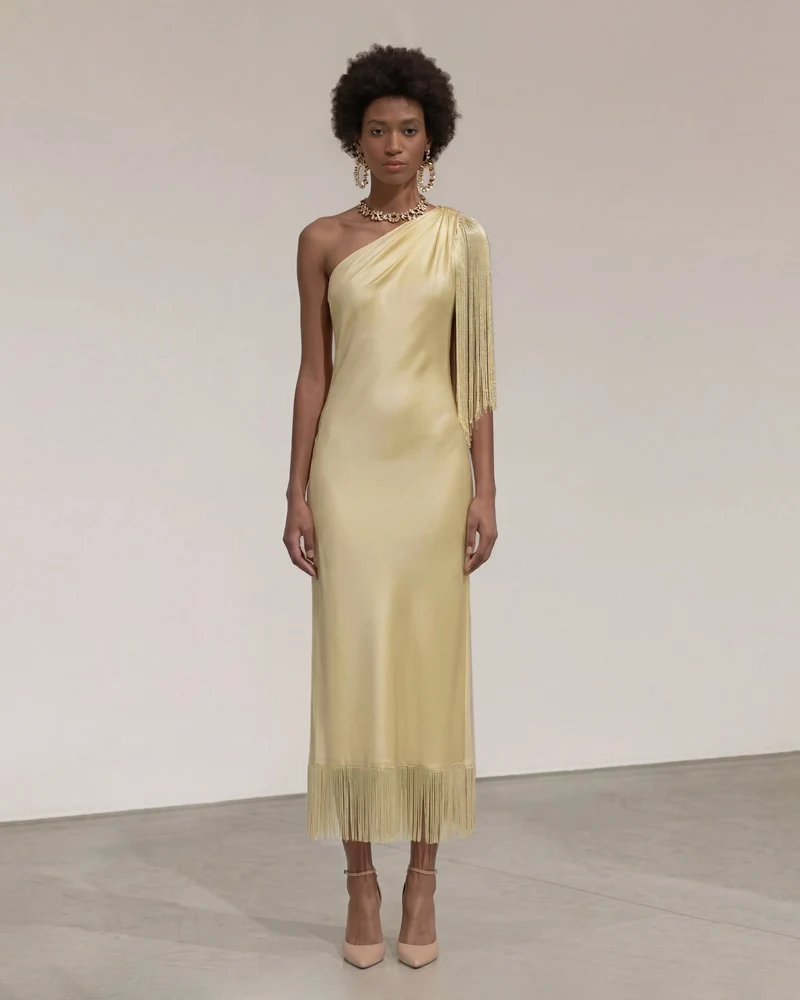 One-Schulter-Fransen-Midikleid - Champagner