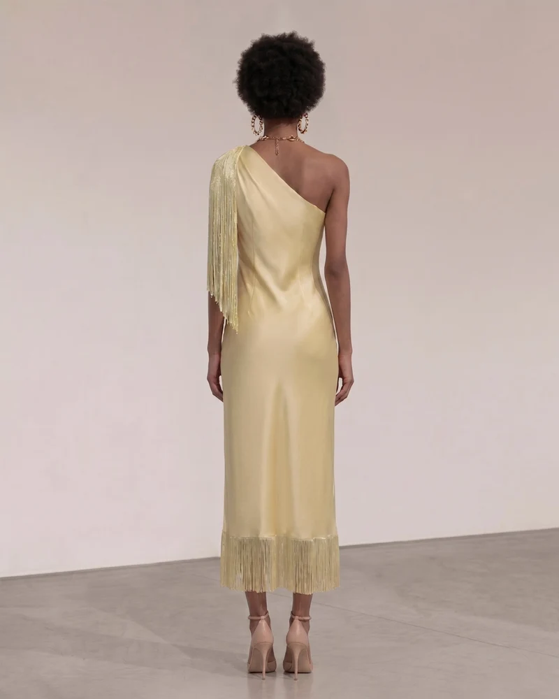 One-Schulter-Fransen-Midikleid - Champagner