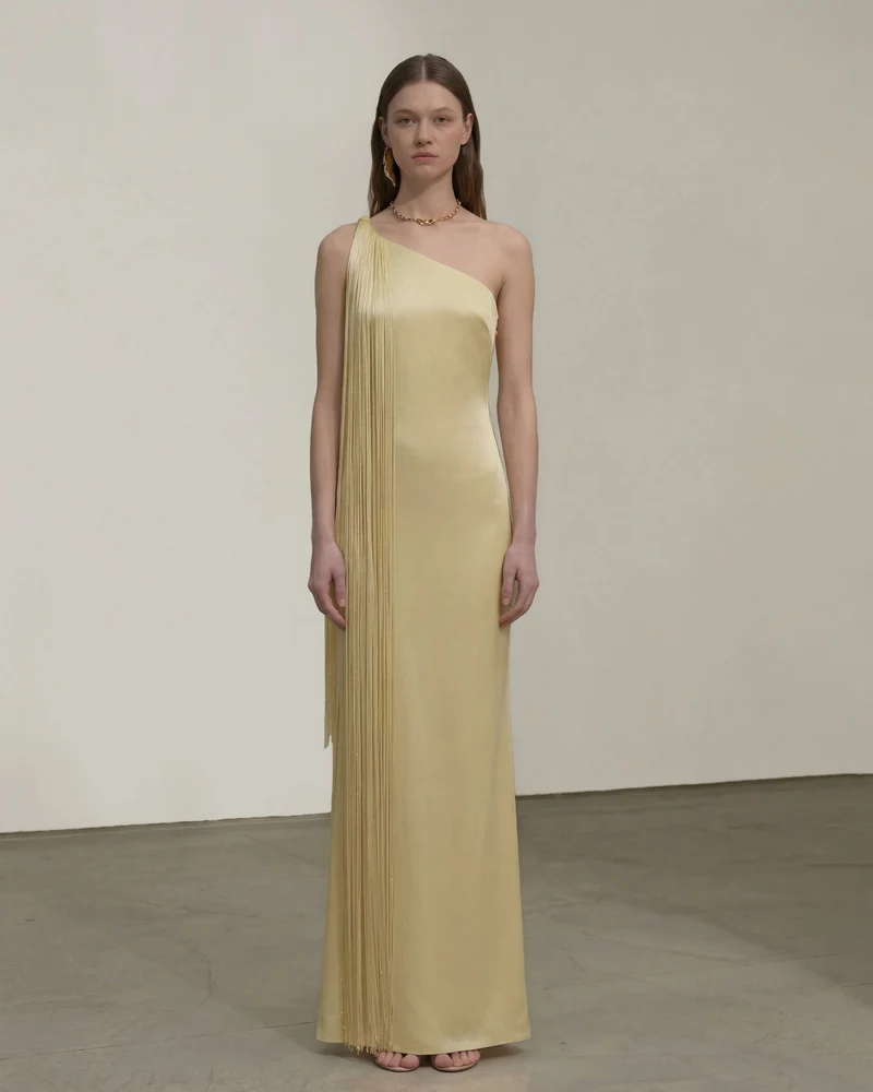 Fransen-One-Schulter-Maxikleid - Champagner