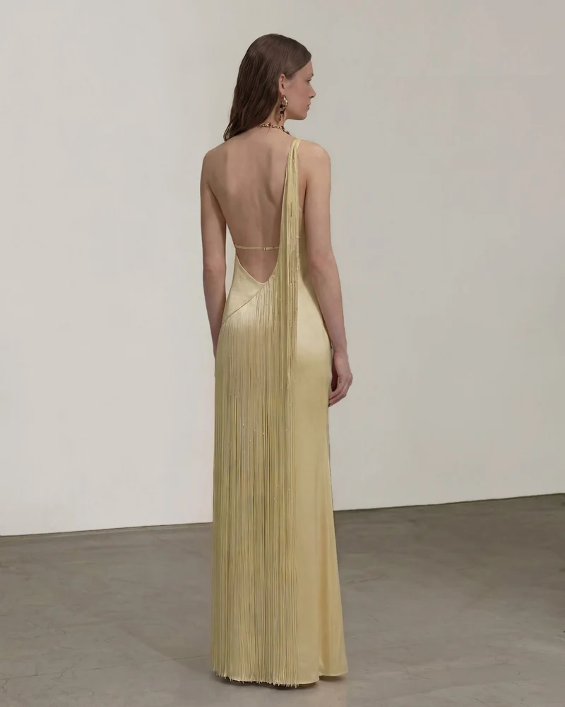 Fransen-One-Schulter-Maxikleid - Champagner