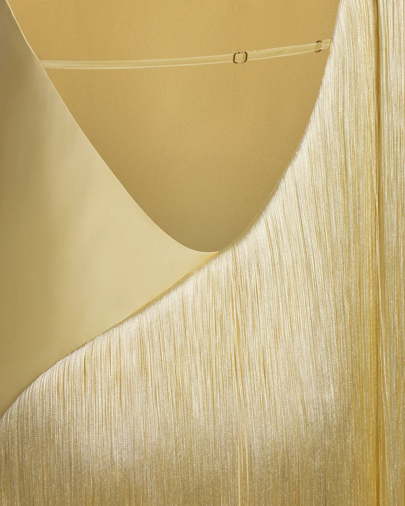 Fransen-One-Schulter-Maxikleid - Champagner