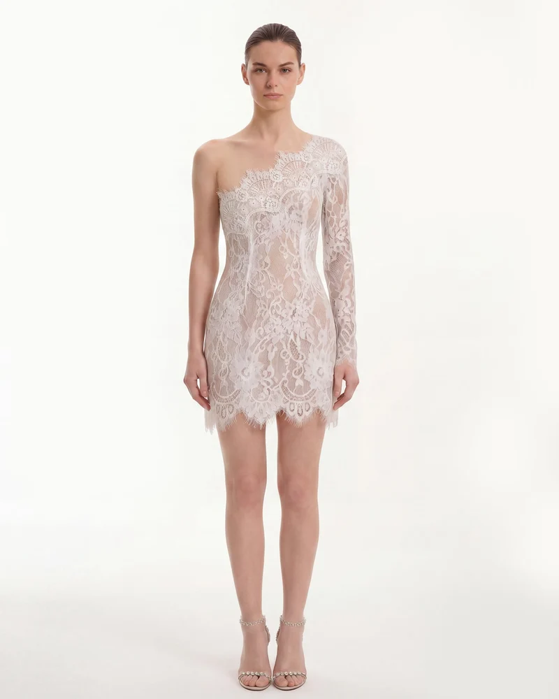 One-Schulter-Minikleid aus Spitze - Weiß