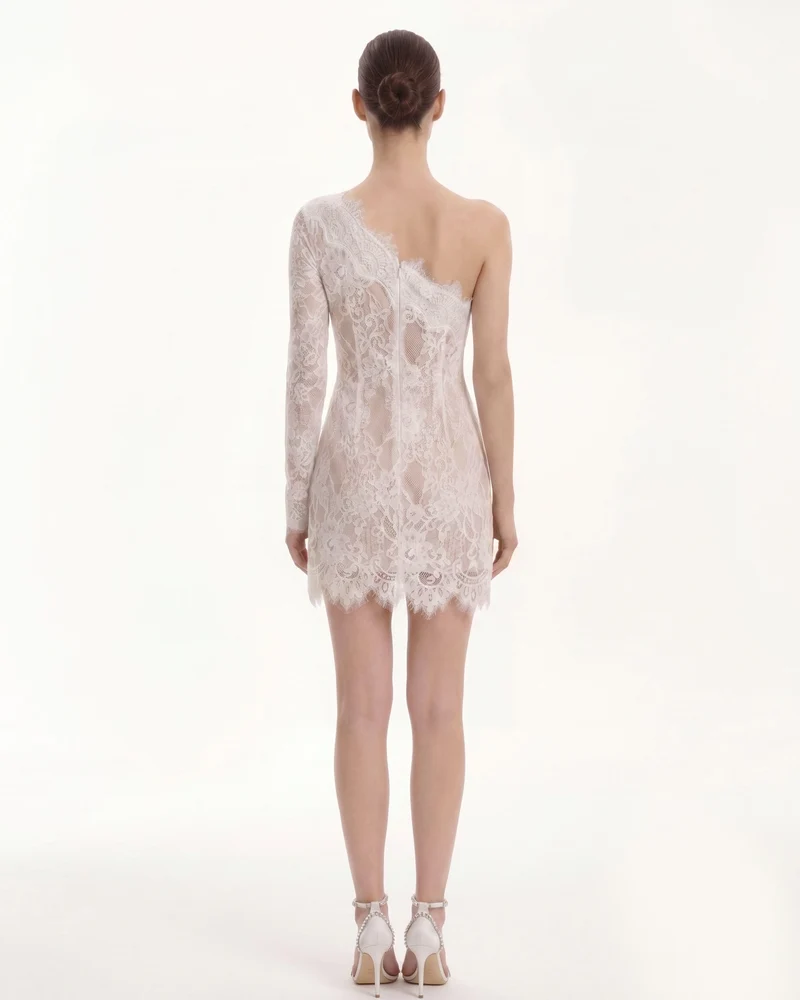 One-Schulter-Minikleid aus Spitze - Weiß