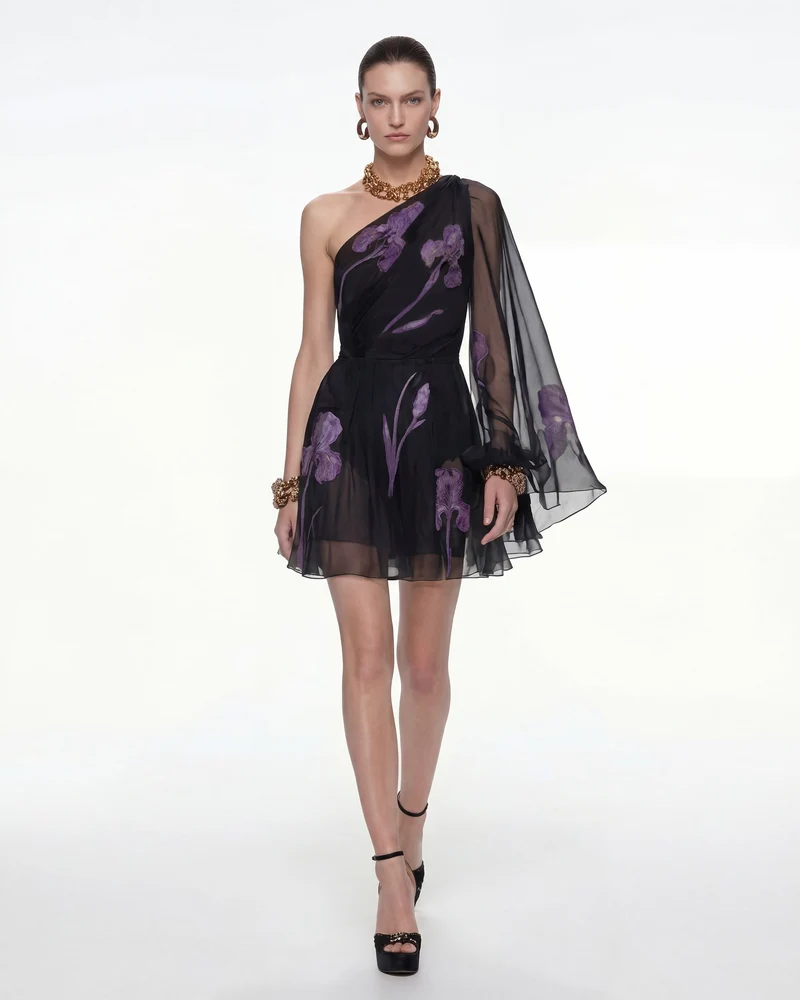 One-Schulter-Mesh-Kleid mit Blumenmuster - Schwarz