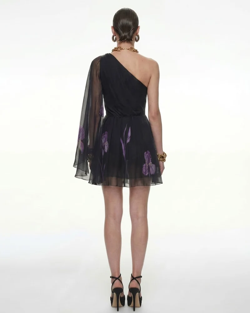 One-Schulter-Mesh-Kleid mit Blumenmuster - Schwarz