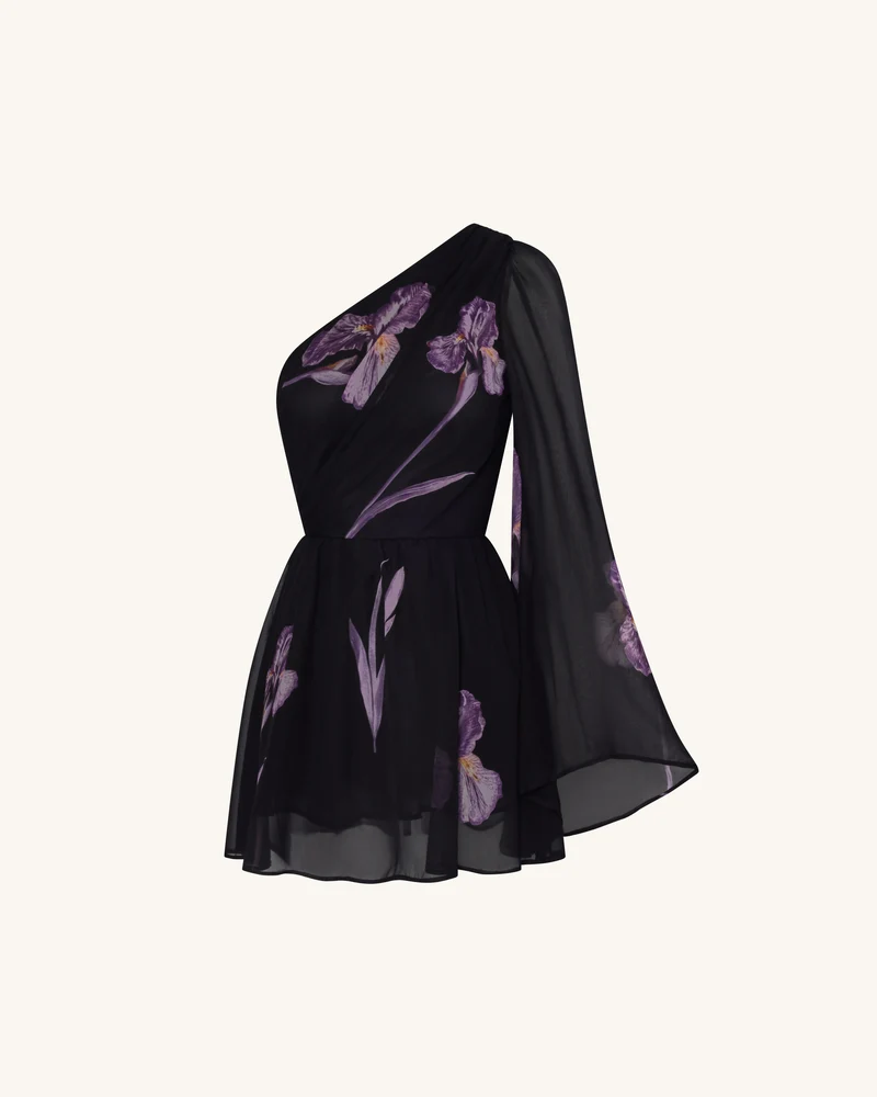 One-Schulter-Mesh-Kleid mit Blumenmuster - Schwarz