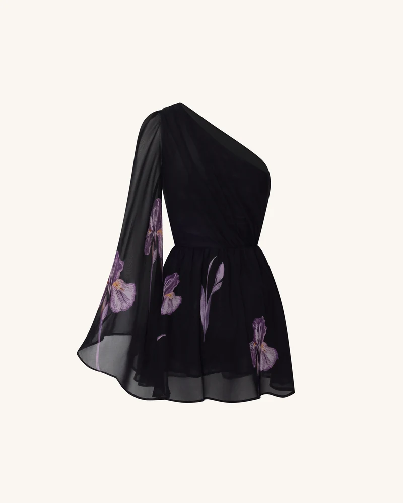 One-Schulter-Mesh-Kleid mit Blumenmuster - Schwarz