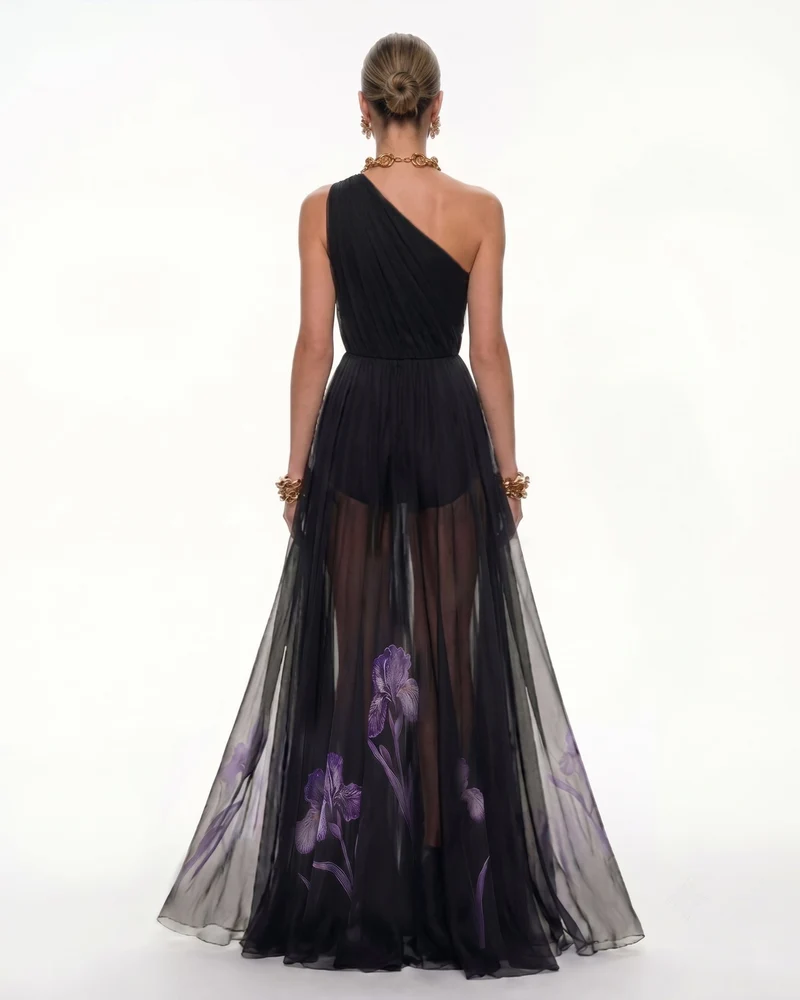 Florales One-Schulter-Maxikleid - Schwarz