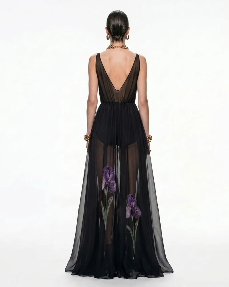 Transparentes Maxikleid mit Blumenprint - Schwarz