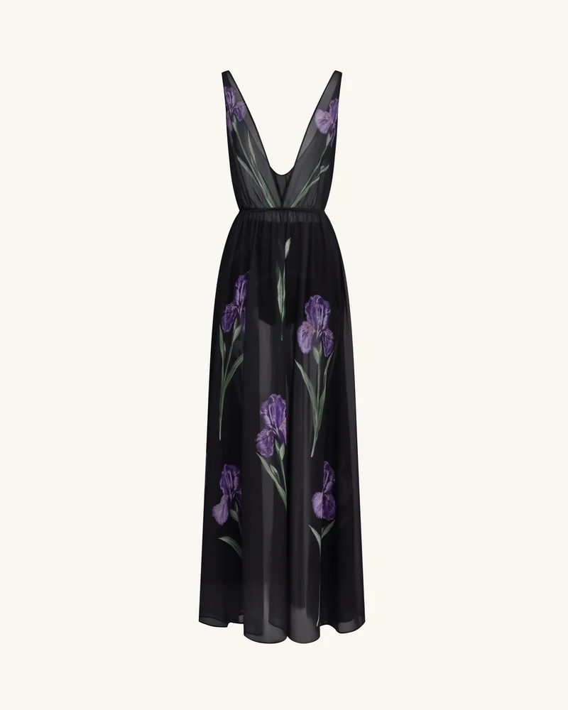 Transparentes Maxikleid mit Blumenprint - Schwarz