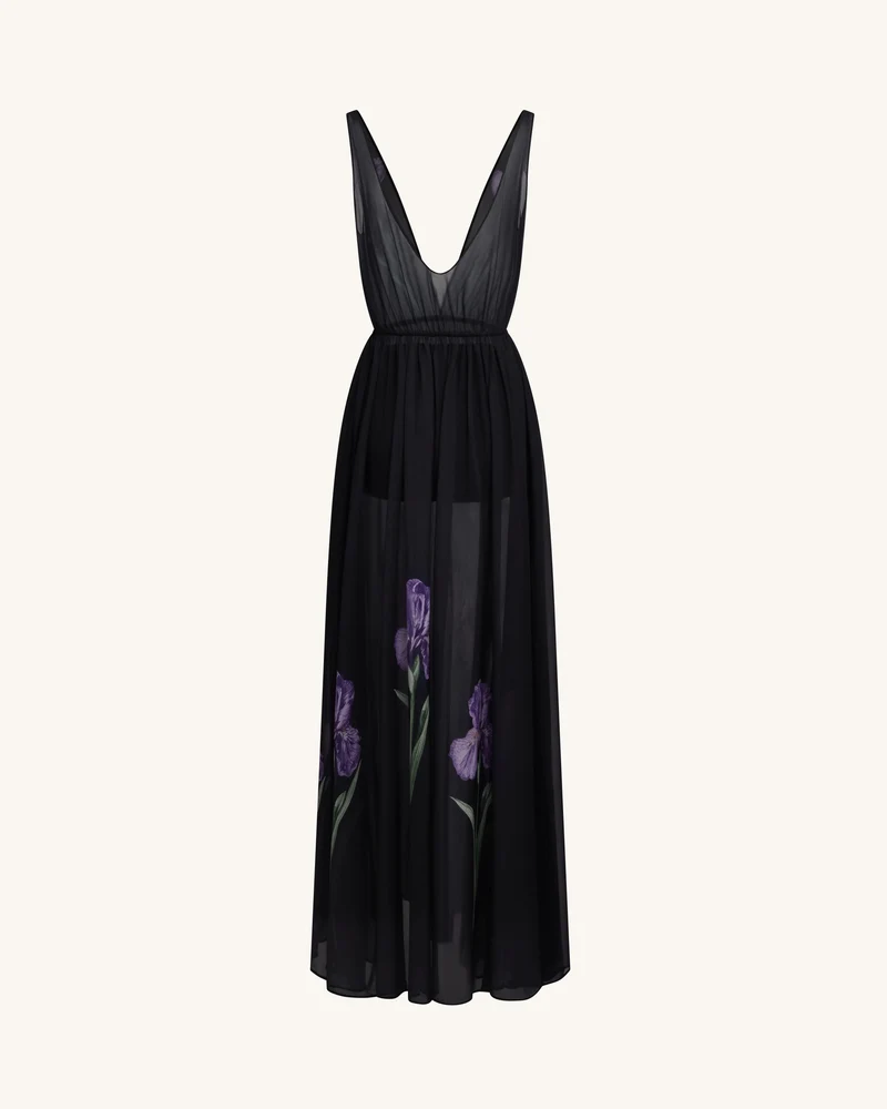 Transparentes Maxikleid mit Blumenprint - Schwarz