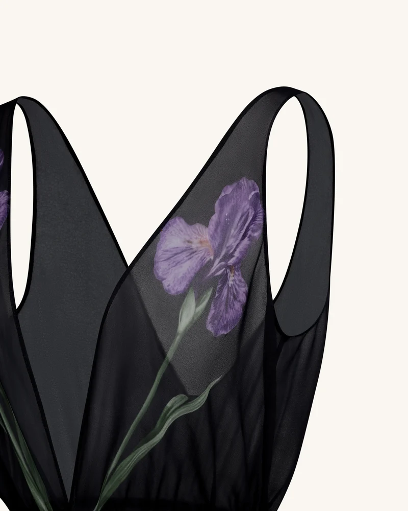 Transparentes Maxikleid mit Blumenprint - Schwarz