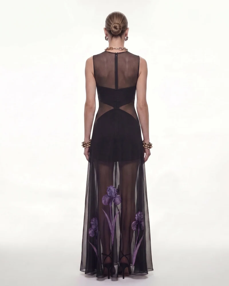 Transparentes Maxikleid mit Blumenprint und Einsätzen - Schwarz