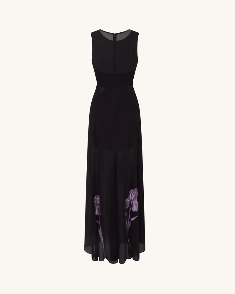 Transparentes Maxikleid mit Blumenprint und Einsätzen - Schwarz