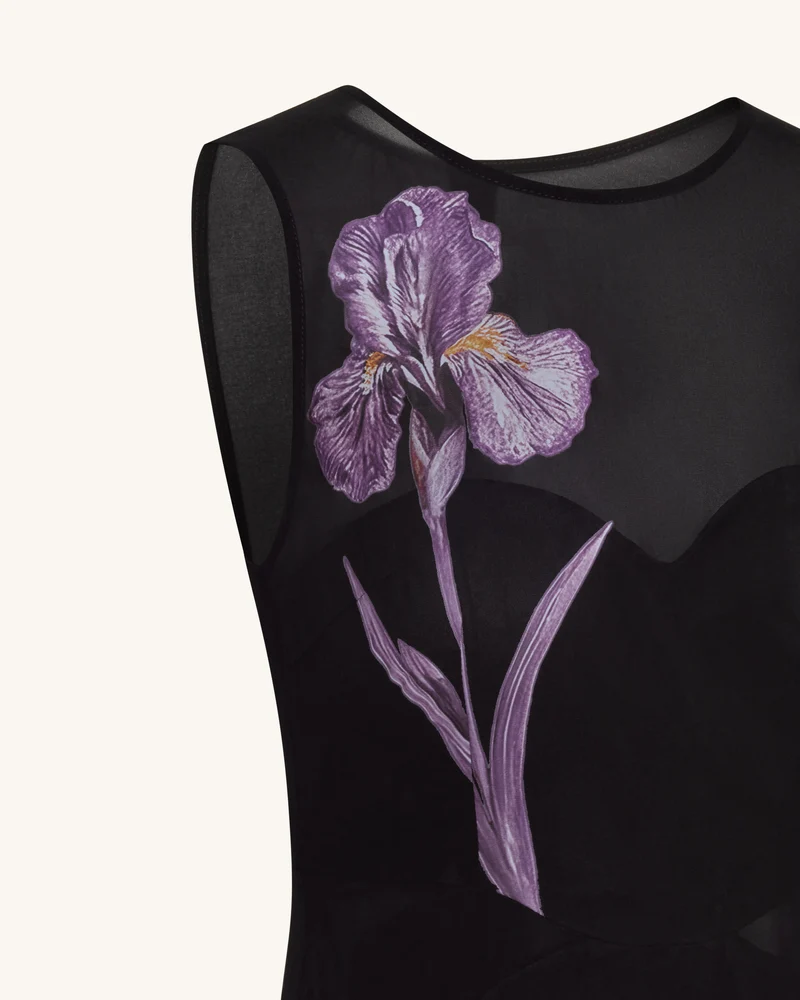 Transparentes Maxikleid mit Blumenprint und Einsätzen - Schwarz