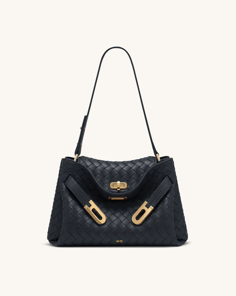 Rhea Schultertasche mit Webstruktur und Doppel-Schnalle - Marineblau