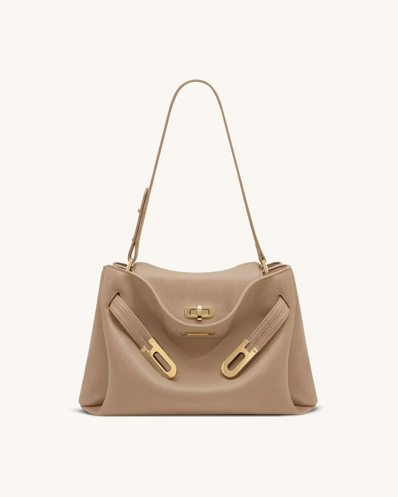 Rhea Genarbte Schultertasche mit Doppel-Schnalle - Khaki