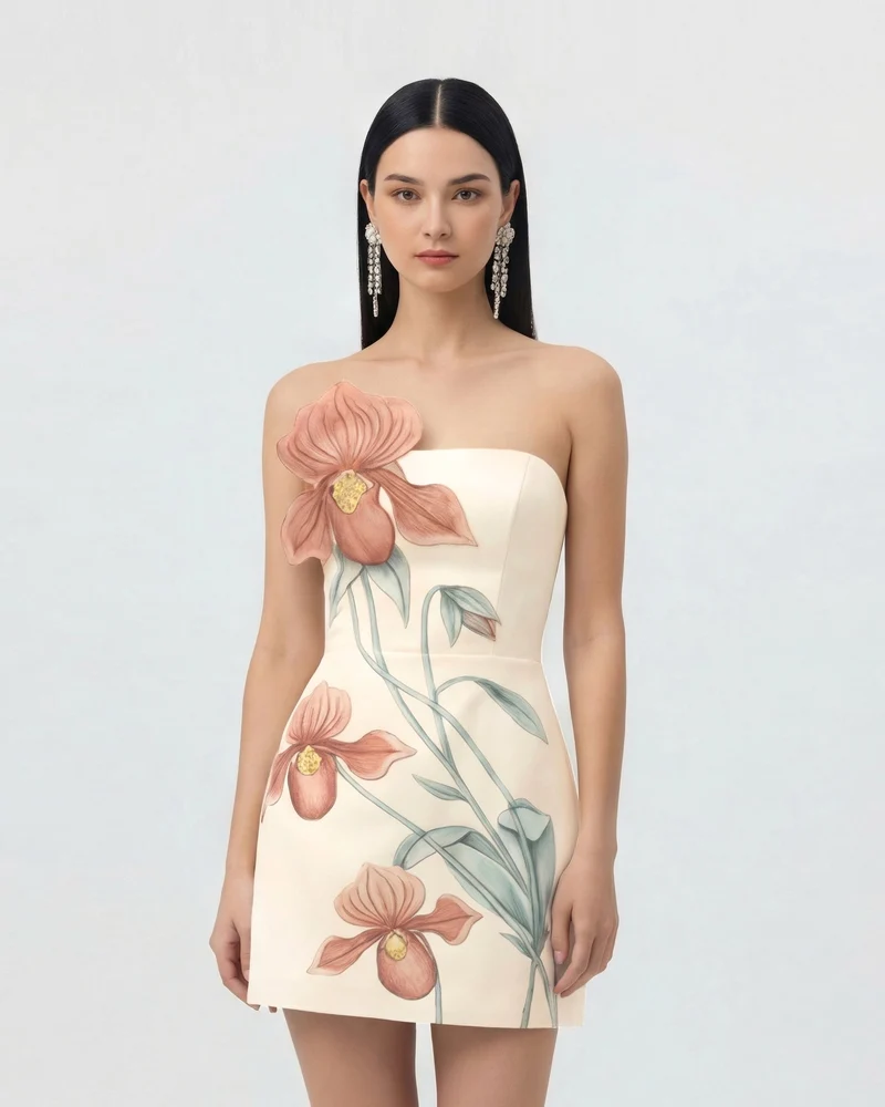 Minikleid mit Frauenschuh-Orchideen-Applikation – Elfenbein/Pfirsichrosa