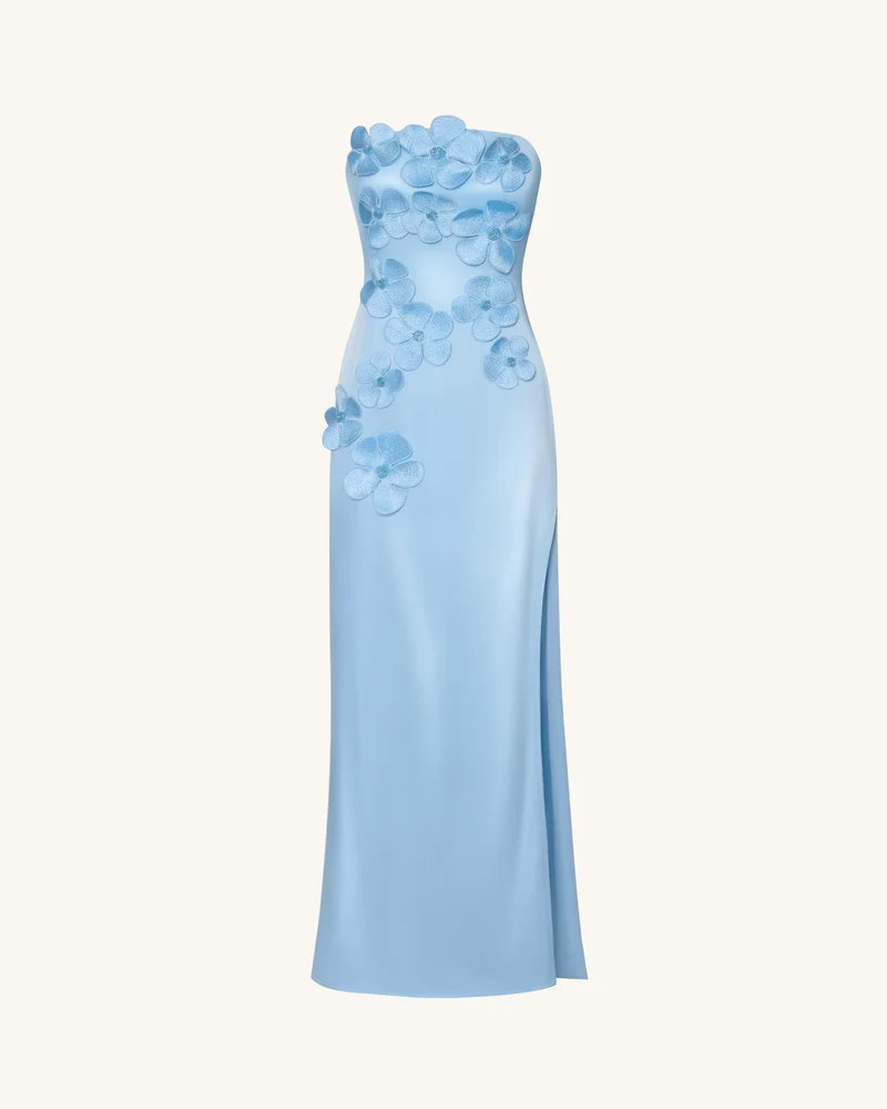 Langes Kleid mit Blumenstickerei - Blau