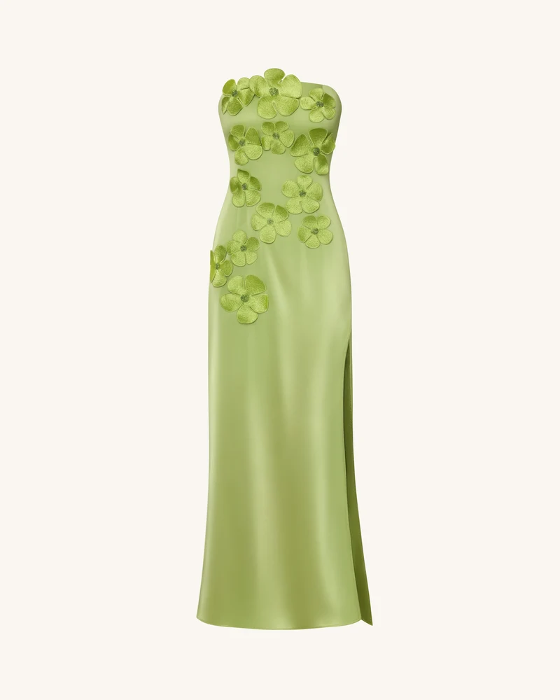 Langes Kleid mit Blumenstickerei - Grün